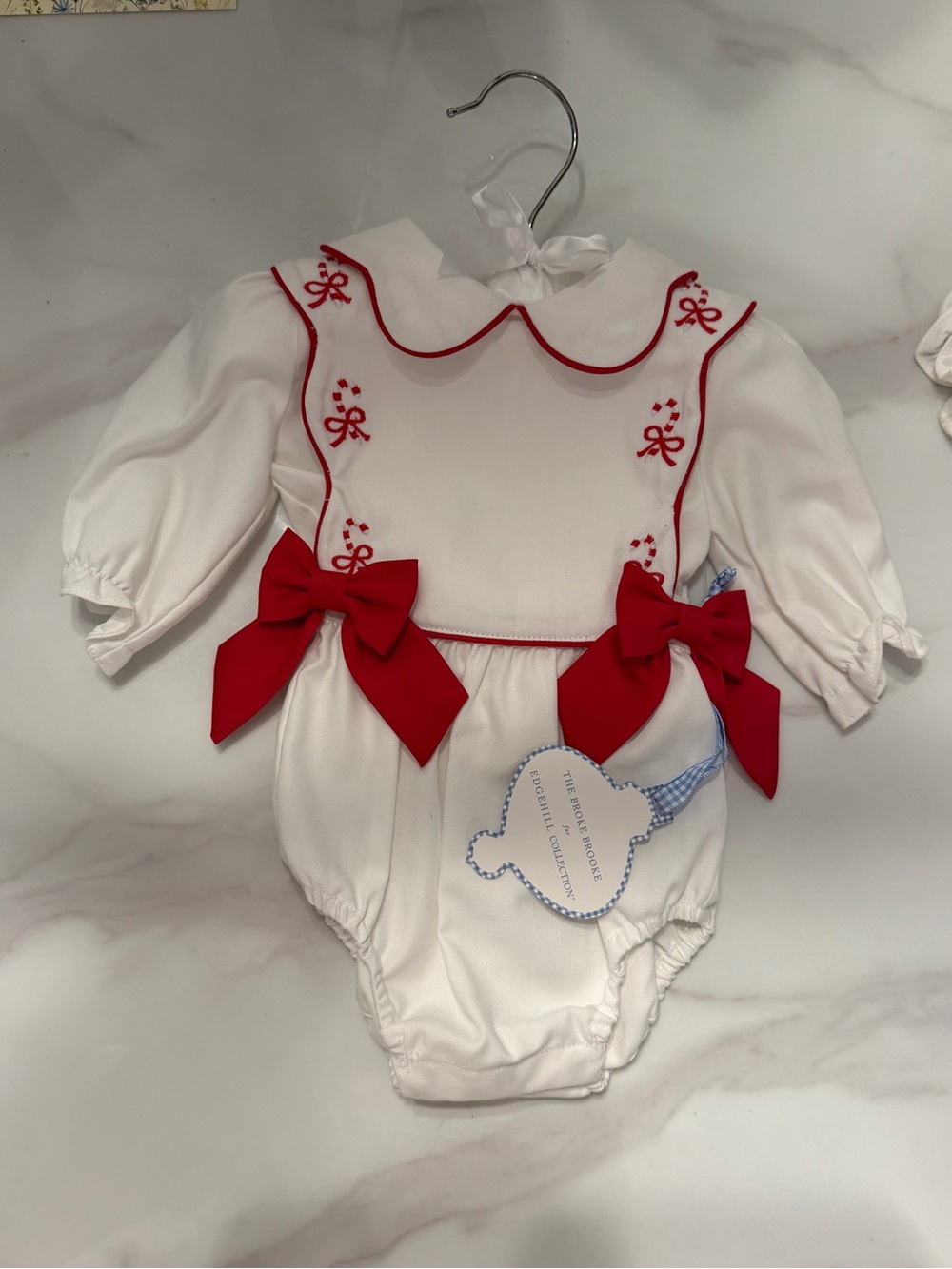 Edgehill Collection White and Red Baby One-Piece with Bows